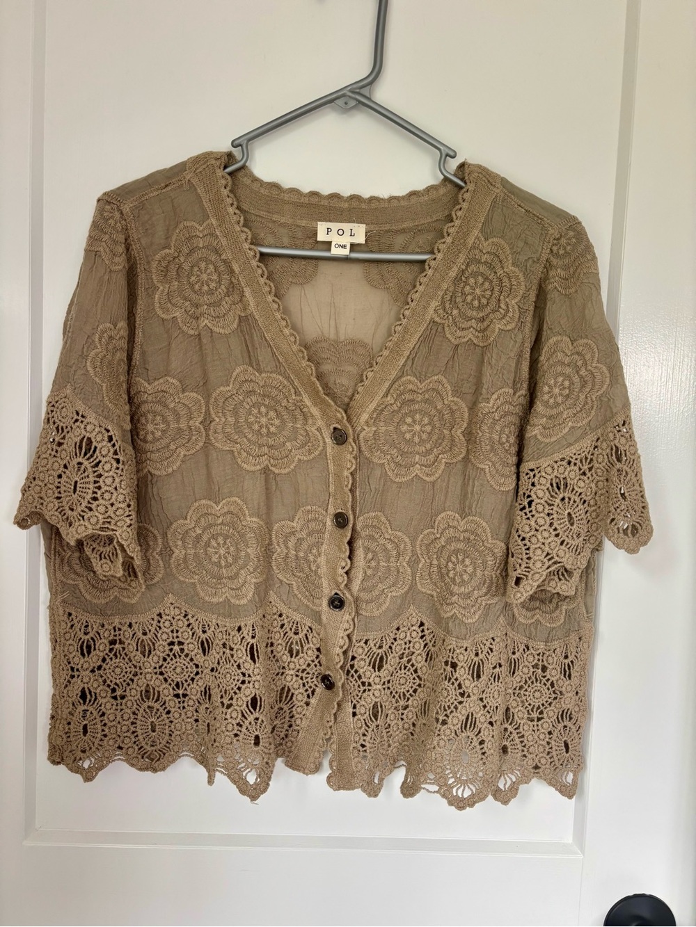 POL-scalloped crochet button-front blouse - olive